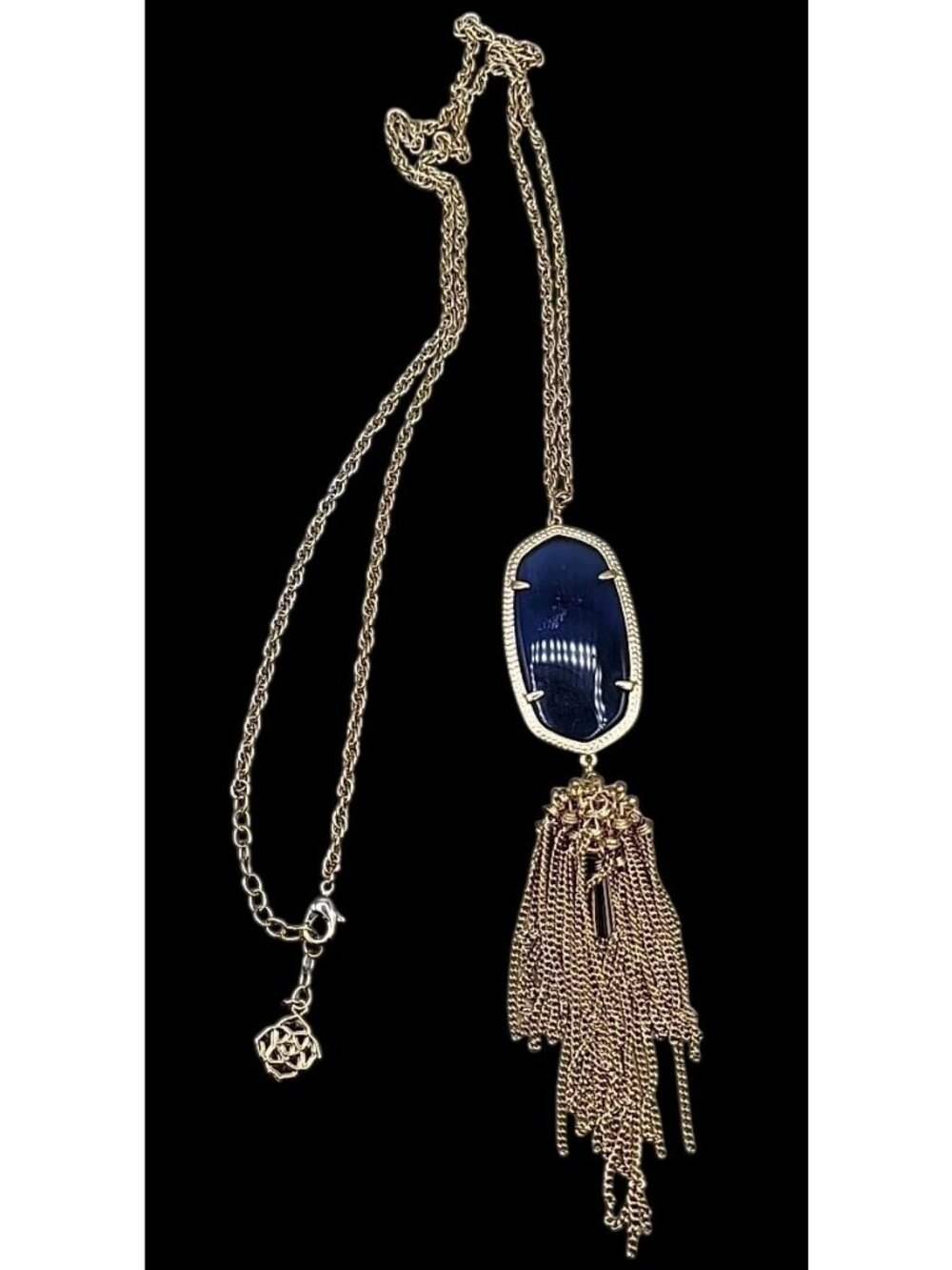 Kendra Scott Rayne Necklace 14kgp Navy Blue Faux Cats Eye Tassel Pendant 30" - Picture 11 of 14